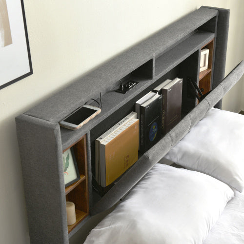 LuneluX_Home – Solid Wood Storage Bed with USB Charging Ports & LED