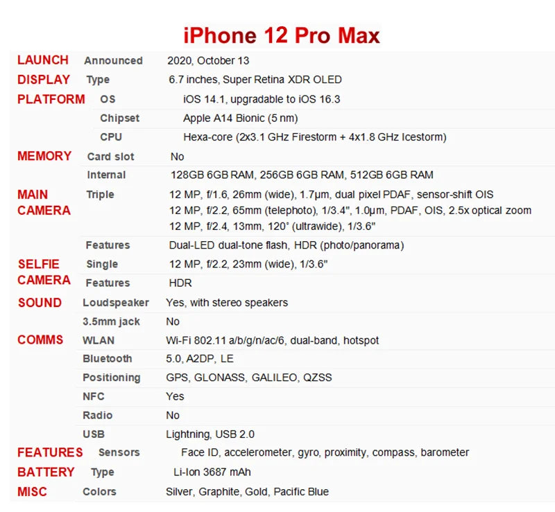 Apple iPhone 12 Pro Max / 13 Pro Max 128/256/512GB ROM Original 6.7" Retina OLED RAM 6GB Face ID NFC Unlocked 5G Mobile Phones