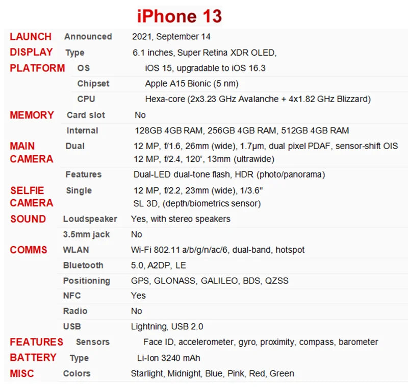 Original Apple iPhone 13 Dual Sim 2Sim 128GB 256GB ROM 6.1" Retina OLED A15 Face ID NFC Unlocked iPhone13 5G 95% New Smart Phone