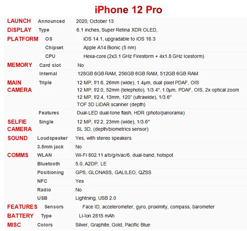 Genuine Apple iPhone 12 Pro 12pro 128/256/512GB ROM 6.1" Original OLED RAM 6GB A14 Bionic IOS Face ID NFC Unlocked 5G 98% New