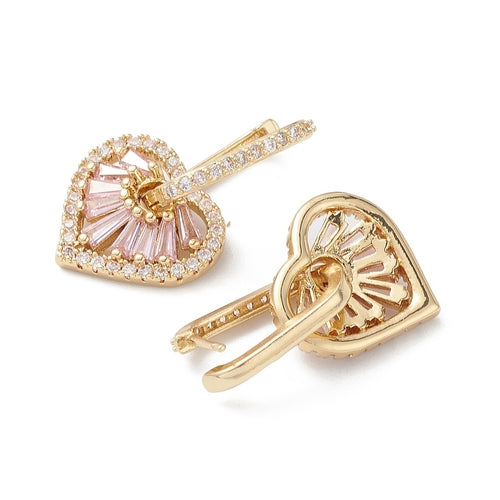 16K gold hoop earrings with pink heart cubic zirconia