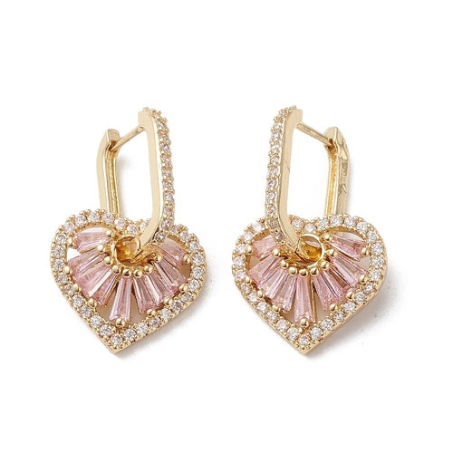 16K gold hoop earrings with pink heart cubic zirconia