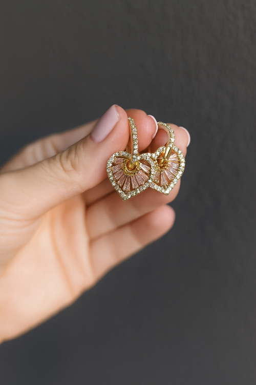 16K gold hoop earrings with pink heart cubic zirconia