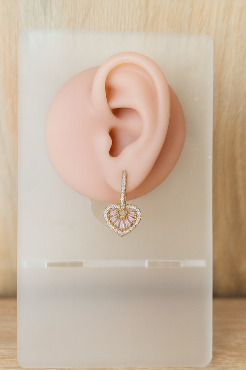 16K gold hoop earrings with pink heart cubic zirconia