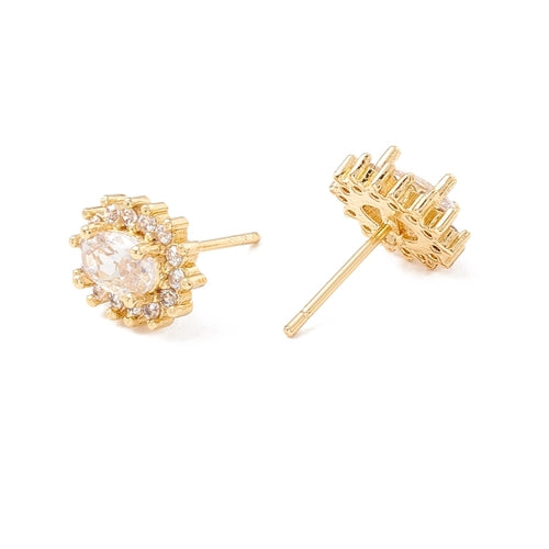 18K Gold Stud Earrings with Clear Oval Cubic Zirconia