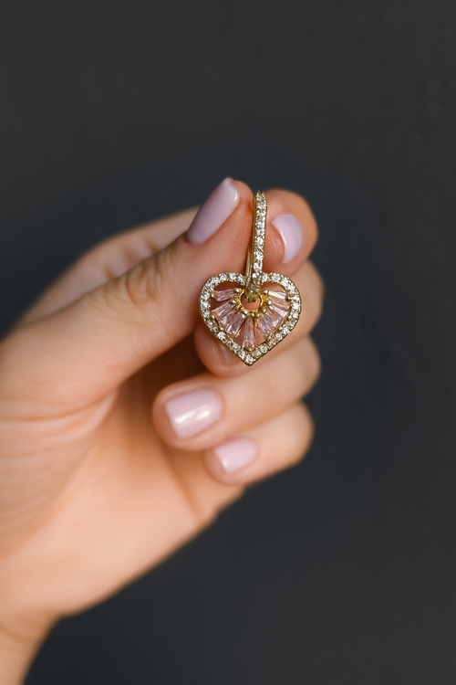 16K gold hoop earrings with pink heart cubic zirconia
