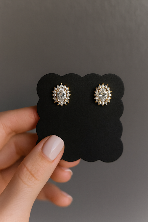 18K Gold Stud Earrings with Clear Oval Cubic Zirconia