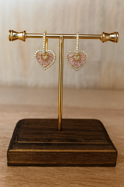16K gold hoop earrings with pink heart cubic zirconia